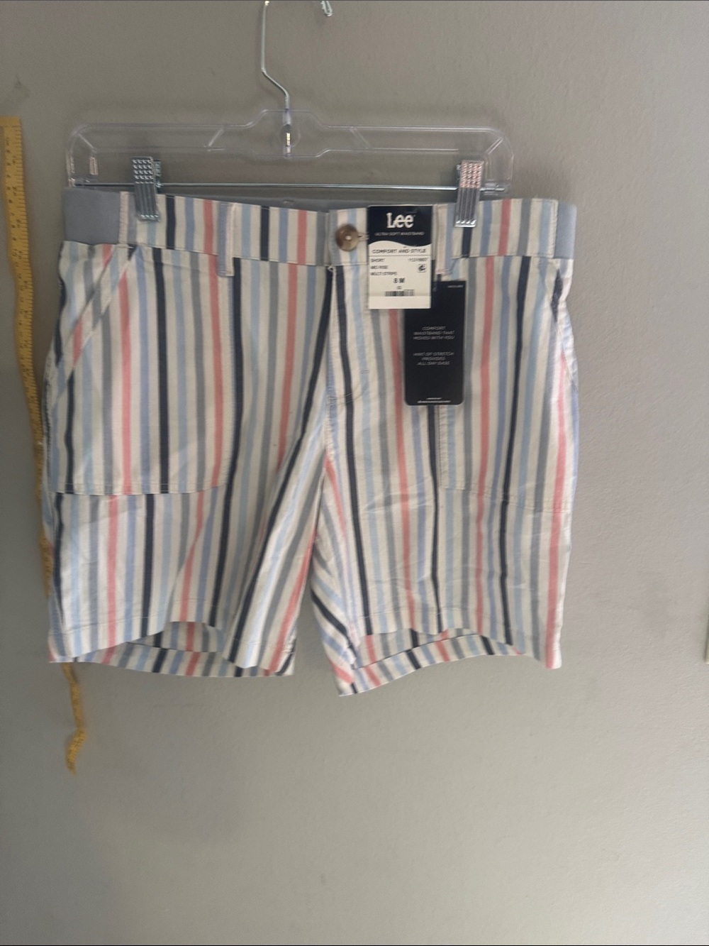 Lee Women’s Striped Cotton Shorts — White with Blue & Pink Stripes